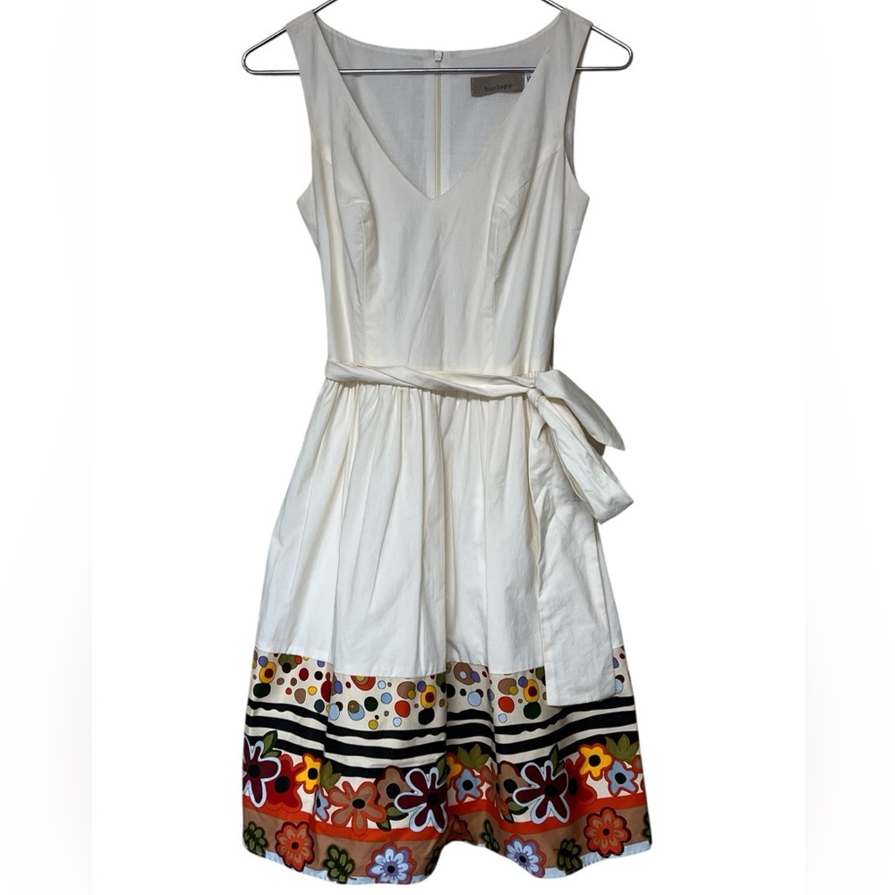 Burlapp cream v-neck sleeveless fit & flare mini dress multicolor floral hem 50s